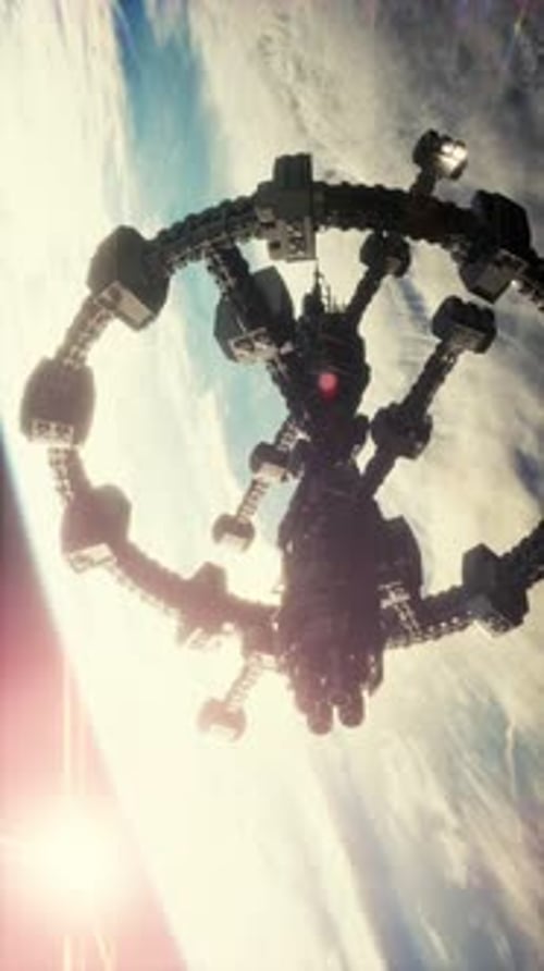 Highly Detailed Huge Spaceship Approaching to the Earth Vertical