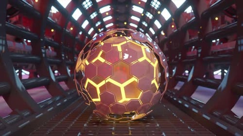 Golden Hexagonal Sphere in a Red Futuristic Corridor