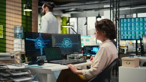 Office Administrator Checking Monthly Reports with AI Analytics Platform