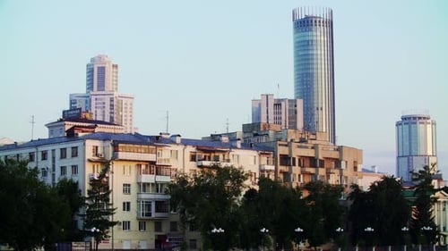 A Modern Cityscape Featuring Impressive Skyscrapers and Intriguing Urban Architecture Stock Clip