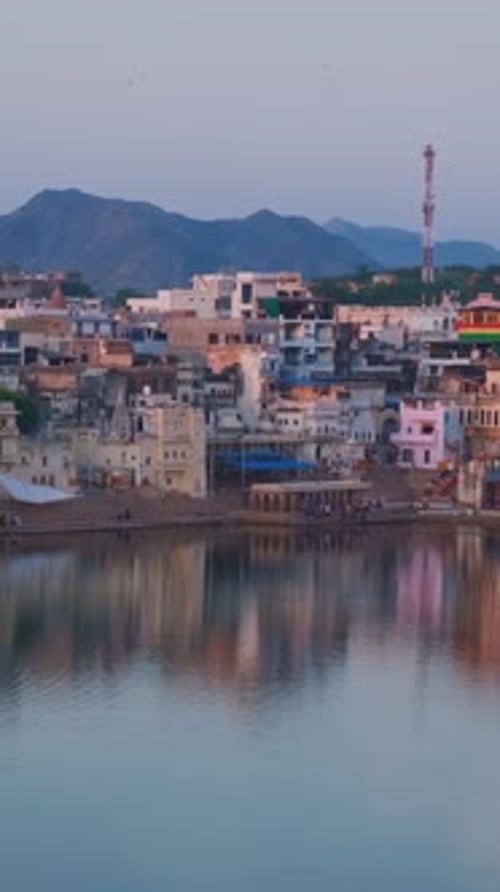Indian Pilgrimage Town Sacred Holy Hindu Religious City Pushkar with Pushkar Ghats Rajasthan India
