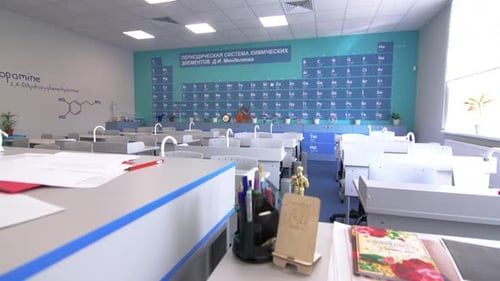 Empty Modern Science Classroom with Periodic Table