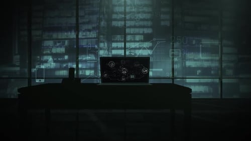 Laptop Depiction of Cloud System Architecture in Office at Night