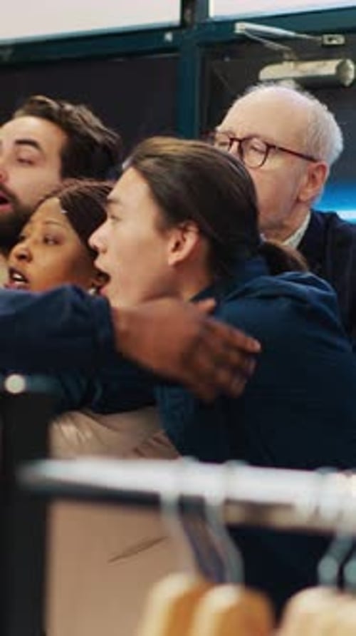 Crowd of People Looking Upward in Retail Store