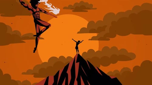 Dramatic Stylized Figures on Mountain with Grunge Texture