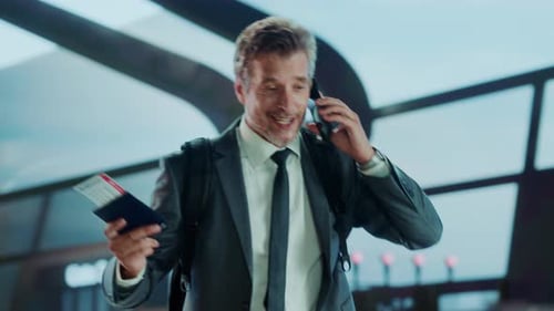 Businessman on Phone at Airport Terminal
