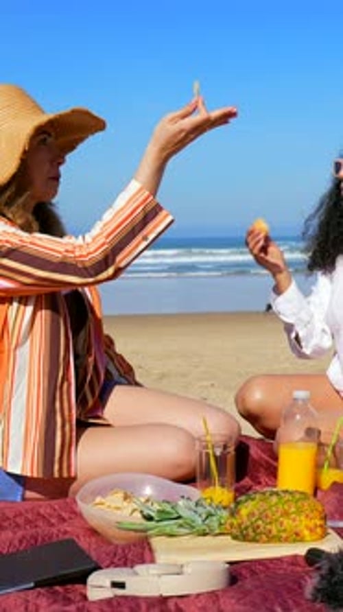 Two Cheerful Women Having a Summer Picnic on the Beach