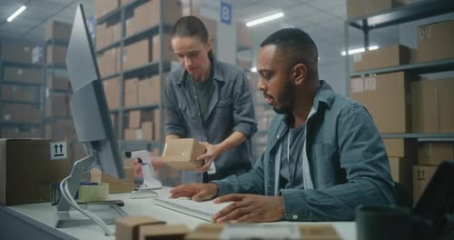 Logistics Coordinator Works on Computer Female Warehouse Associate Scans Code on Cardboard Parcel