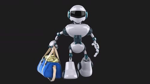 Lustiger 3D-Cartoon-Roboter mit Geld (auf Alpha)