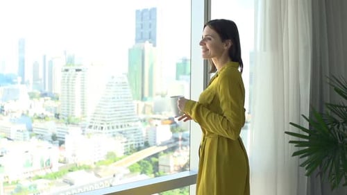 Young Woman Admire View From Window and Drinking Coffee, Super