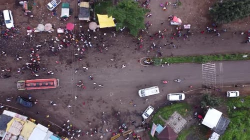 Overhead drone shot of busy and crowded streets of India