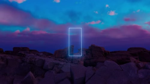 Glowing rectangular portal appearing on rocky coastline at sunset