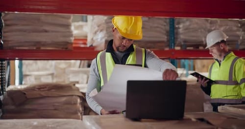 Architekt, Mann und Laptop mit Bauplan im Lagerhaus bei der Planung eines Gebäudeentwurfs