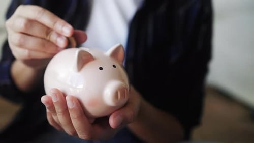 Hands holding piggy for saving money. Invest and financial bank concept