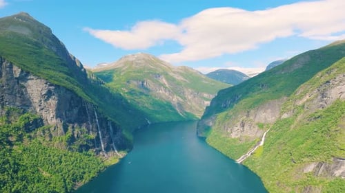 Seven Sisters Waterfall, Geiranger Fjord, Norway. Nature in fjords. Traveling through the Norway.