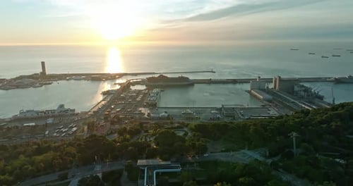 Barcelona Aerial Sunrise View of Mediterranean Coastline and Port