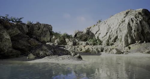 Serene Coastal Landscape with Rocky Formations and Calm Waters at Midday