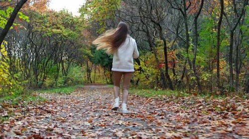 Outdoor playful young lady in autumn park. Stylish beautiful female lifestyle.