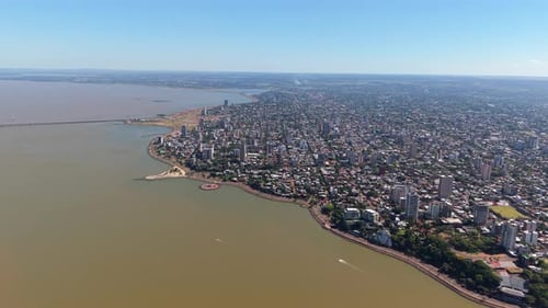 Aerial view of coastal city and river Paraná Posadas Misiones Argentina