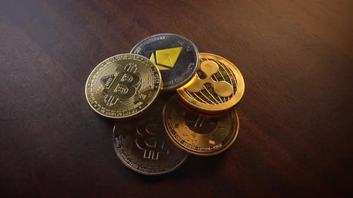 Close Up Of Cryptocurrency Coins On Wooden Surface