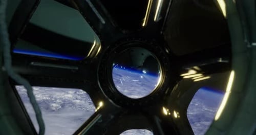 View From Space Station Window Showing Planet Earth and Atmosphere