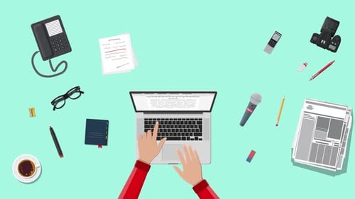 Flat Design Laptop Workplace with Animated Office Supplies