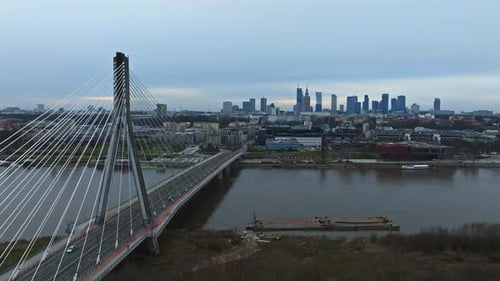 Aerial Panorama of Warsaw Poland with Swietokrzyski Bridge Over the Vistual River