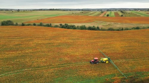 Vast Field with Tractor and Different Crop Types and Stages