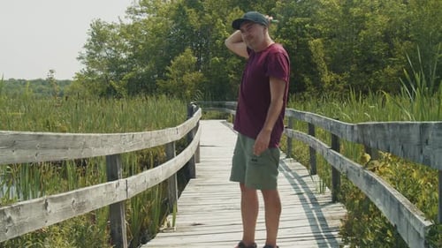 Sunny Day Protection Man Spraying Mosquito Repellent at the Lake