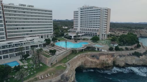Drone view touristic city settlements near the coast, luxury summer vacation locations