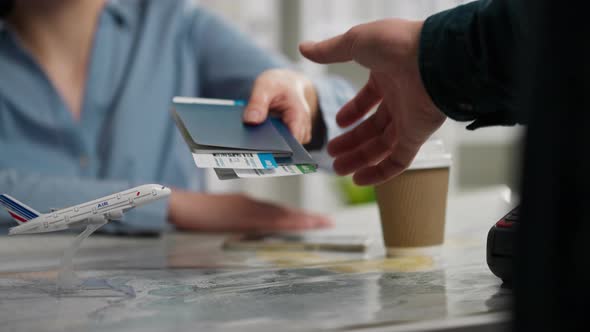 Operator, Young Woman Relaxed Issuing Tickets For An Airplane, In A ...