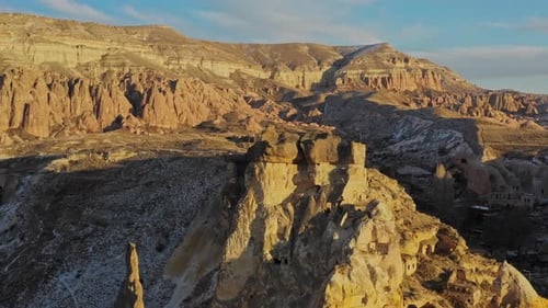 Aerial view of rock formations in Goreme, Turkiye.