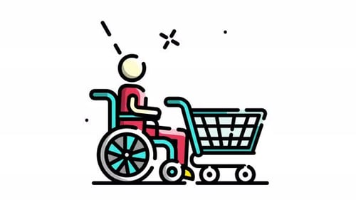 Person in Wheelchair with Shopping Cart Flat Design Animation