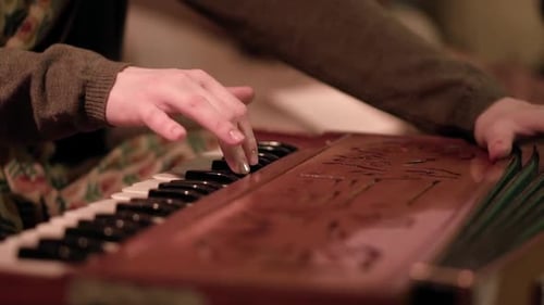 Musician Playing Harmonium Traditional Indian Instrument