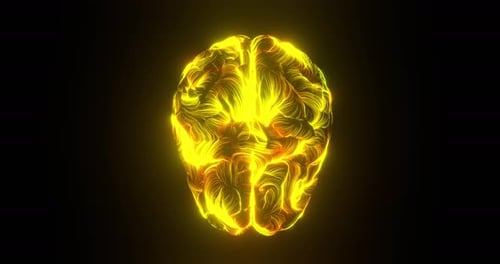 Top View Of Orange Yellow Artificial Intelligence Brain With Energy Flow