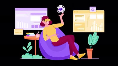 Animated Woman in Virtual Reality Interacting with Digital Data