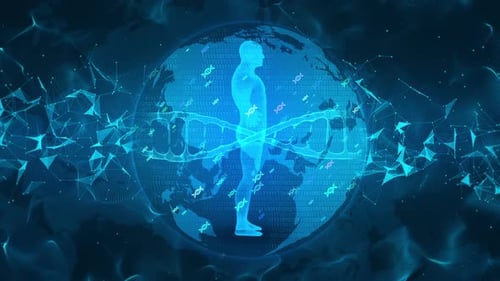 Futuristic Digital Human Hologram with DNA and Global Network