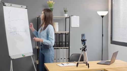 Female businesswoman coach leader give business presentation on phone online meeting