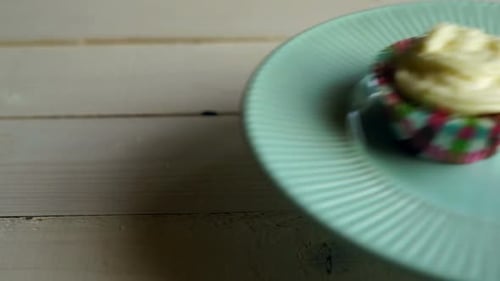 Cupcake with White Frosting on Teal Plate