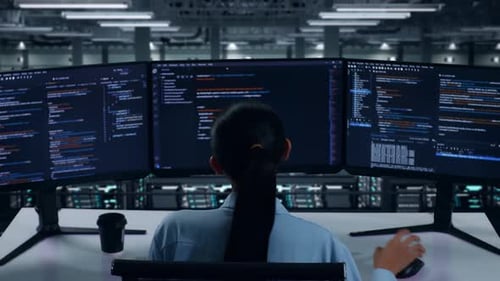 Back View Of Tired Asian Woman Developer Stretching While Write Code In Data Center