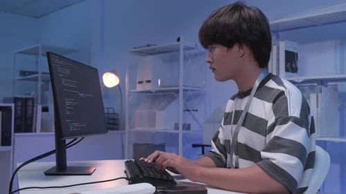 Male Asian IT freelancer programmer coding application software in room.