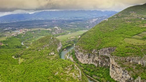 Great Aerial View Beautiful Green Landscape Natural Attraction Fields Slopes Hills Alpine Mountains
