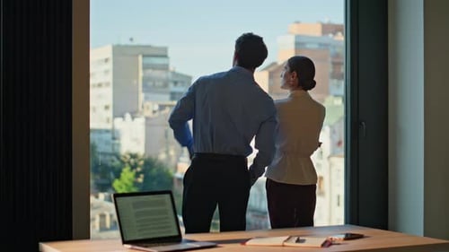 Corporate Colleagues Looking Window Office Building Together Business Partners