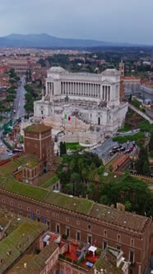 Aerial View of the National Monument to Victor Emmanuel II in City of Rome Establishing Shot of the