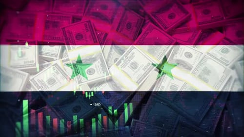 Syria Flag On Economic Background With Decrease Bar Chart Graph And Arrow