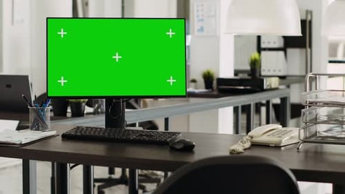 Office Desk with Green Screen Computer Monitor