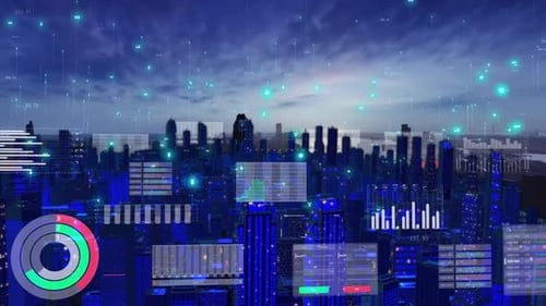 Futuristic City Skyline with Digital Data Visualizations