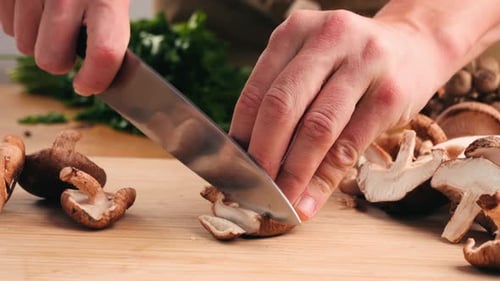 Champignons fraîchement cueillis sur la maison, cuisine, gros plan, texture d'un champignon brun, femme cuisinant délicieusement