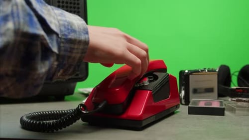 Retro Vintage Phone on Chroma Key Green Screen Rotary Telephone is Displayed on a Wooden Desk Adding