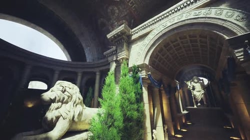 Lowangle Lion Sculpture in Leafy Corridor Conservator Sketching Details